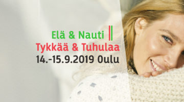 Elä & Nauti | Tykkää ja Tuhulaa yhteistyö logo jossa hymyilevä nainen villapaidassa taustalla