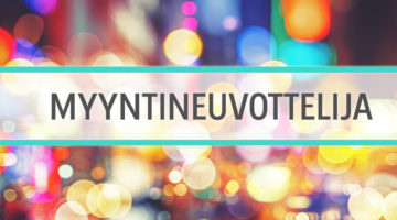 Myyntineuvottelija työnhaku -ilmoitus värikkäällä taustalla